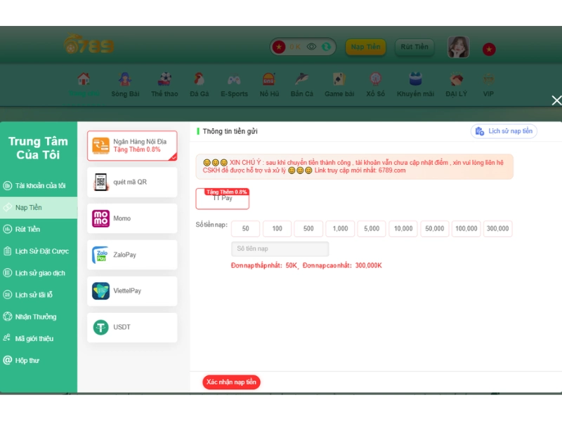 Các phương thức nạp tiền tại 6789